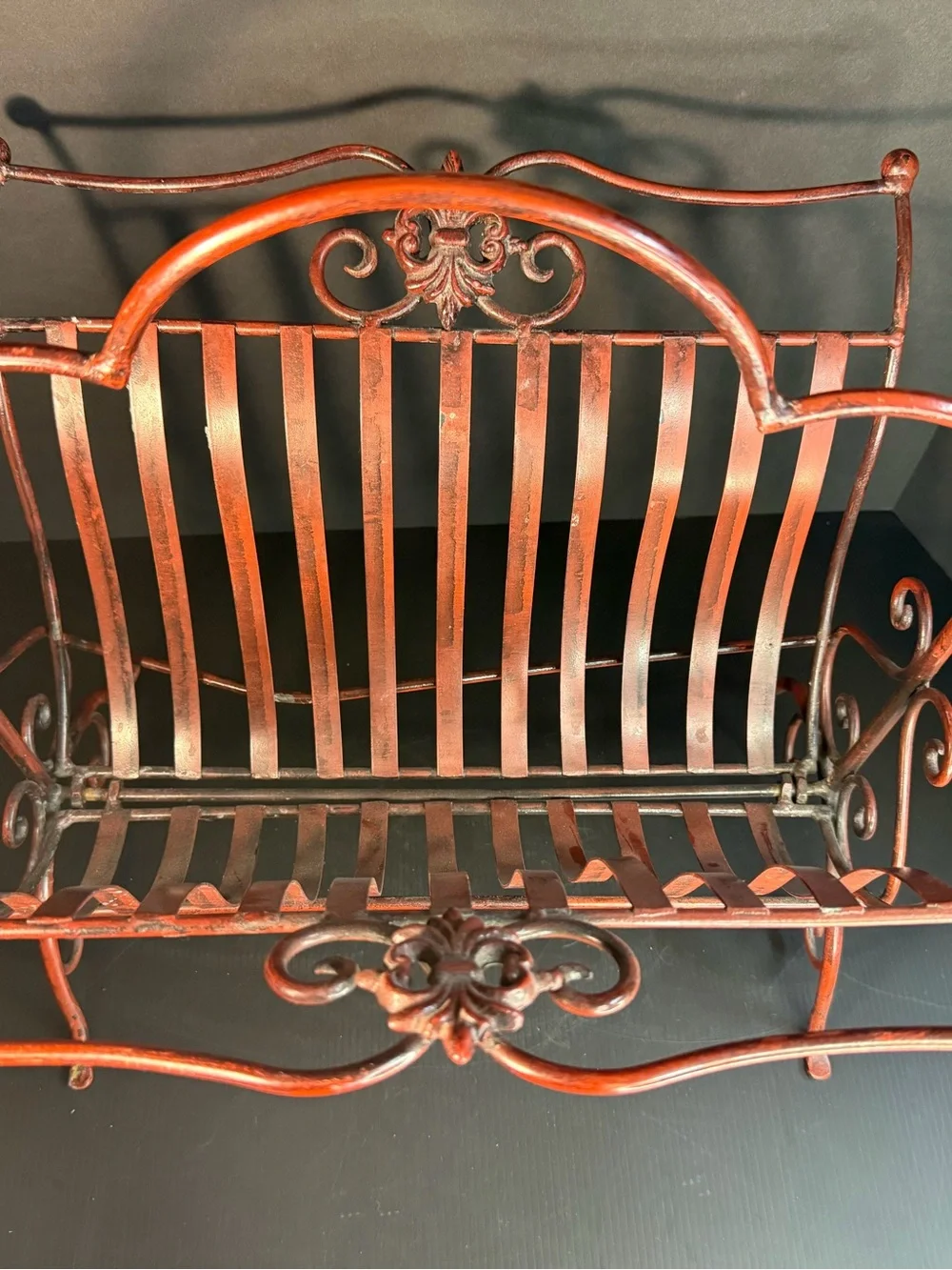 Mid-Century Red Metal Magazine Basket – Ornate Scrollwork Hearth Decor Folding
